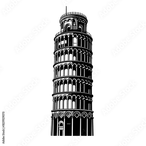 Iconic Pisa Tower illustration in striking monochrome for travel brochures, educational materials, historical projects, and Italian cultural themes