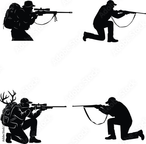 Hunter Silhouettes Set Aiming Rifle Vector Shooting Sports