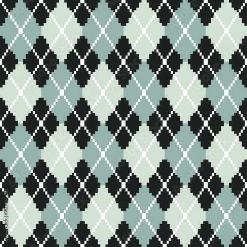 Seamless argyle pattern on sage green shades, gray,  repeat pattern, pixeled, dark background