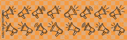 Seamless pattern featuring megaphone icons on a checkered background ideal for announcements