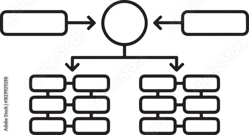 Black Outline Flowchart Diagram with Central Circle and Rectangular Boxes organization