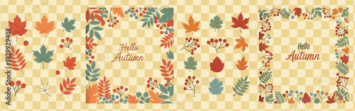 Autumn themed design featuring colorful leaves berries and decorative frames with "Hello Autumn" text