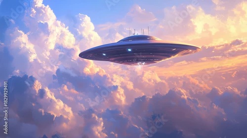 Spaceship flying over dramatic clouds during sunset
