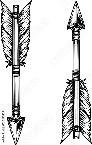 Vintage Engraved Arrow Set Black and White Vector Illustration