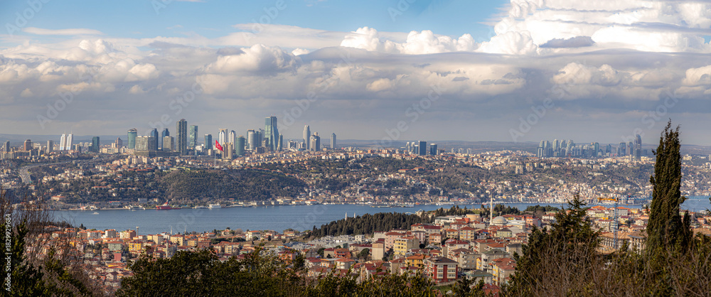 Obraz premium Panoramic view from Camlica Hill over Istanbul, showing both shores of the Bosphorus with houses, parks, and skyscrapers under a sunny sky. Istanbul, Bosphorus, Turkey.
