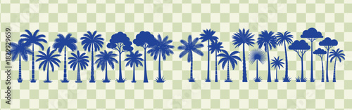 Blue silhouette of various palm trees and other trees on a transparent background for design projects
