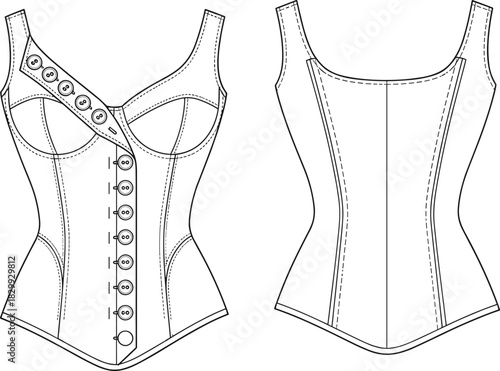 Vector technical flat illustration of a fitted corset top with shoulder straps, detailed front button panel, and princess seams, showing front and back views, ideal for modern apparel and lingerie