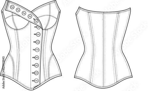 Technical vector fashion illustration of a fitted corset top with front button closure, sweetheart neckline, and boning channels, featuring front and back views, ideal for lingerie apparel design.