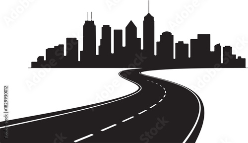 Black silhouette of a winding road leading to a city skyline on a white background highway