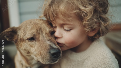 Young child with curly blonde hair, wearing a white sweater, hugging a brown dog. the child is leaning in to kiss the dog's nose, with their eyes closed and their mouth slightly open.