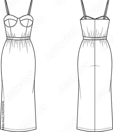 Technical vector fashion illustration of a fitted maxi dress with spaghetti straps, sweetheart neckline, and belted waist, featuring front and back views for apparel design.