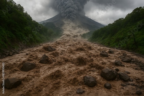 An impressive image of a lahar (volcanic mudflow) rushing down a river valley after a major eruption, carrying large boulders and debris. 