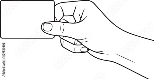 Outline drawing of a hand holding a blank rectangular card vertically on white background