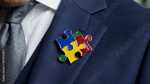 Puzzle piece symbol on formal business suit lapel understanding diversity and inclusion