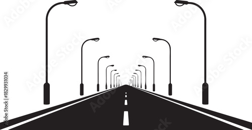 Perspective View of an Empty Asphalt Road Lined with Streetlights highway