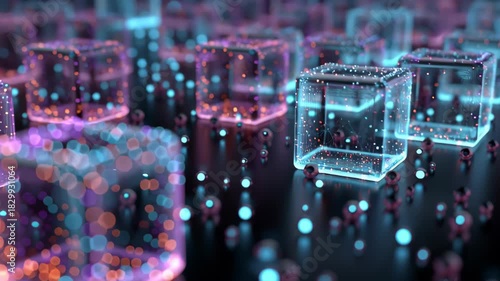 Futuristic Glowing Ice Cubes with Digital Network Effects in Closeup