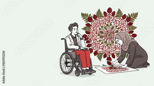 Cartoon illustration showcases disability awareness, depicting woman in wheelchair watching friend paint. Disability awareness portrait showcases two friends in friendly setting.