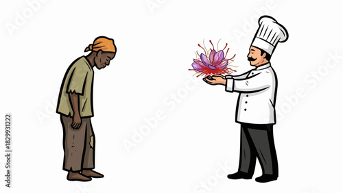 Handing over food parcel, chef gives flower. Handing over food parcel as humanitarian aid to needy recipient. Handing over food parcel depicts aid in action, donation and support against hunger.