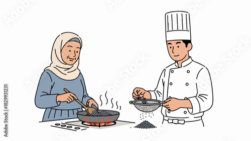 Cooking process with woman in hijab stirring food in pan and man in chef's uniform sifting ingredients through sieve. Family cooking shows traditional culinary practices,