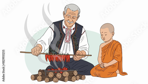 Monk with man grilling food over open fire displays intergenerational bonding. Enjoy intergenerational time grilling on firewood and charcoal, fostering learning from the past and present.