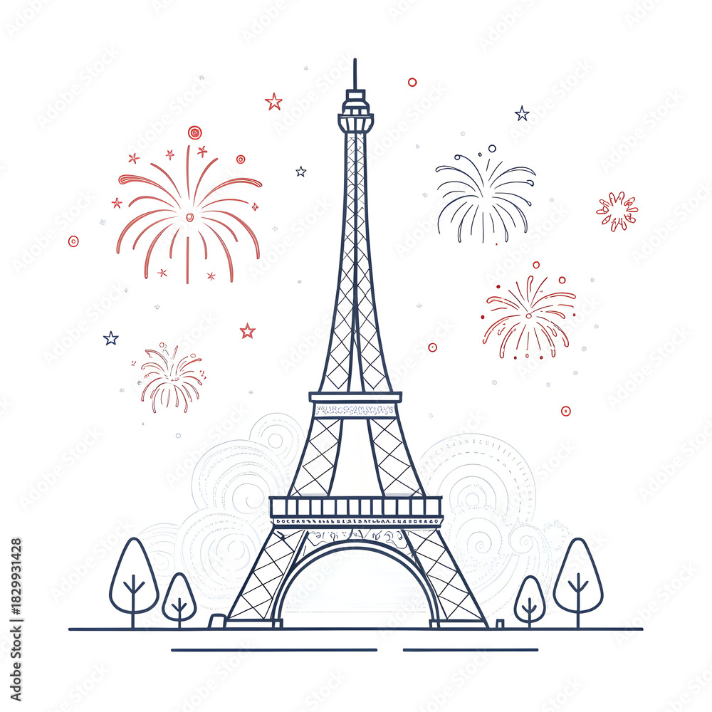 Fototapeta premium A minimal Eiffel Tower design accented with small abstract fireworks creating a festive modern visual highlighting