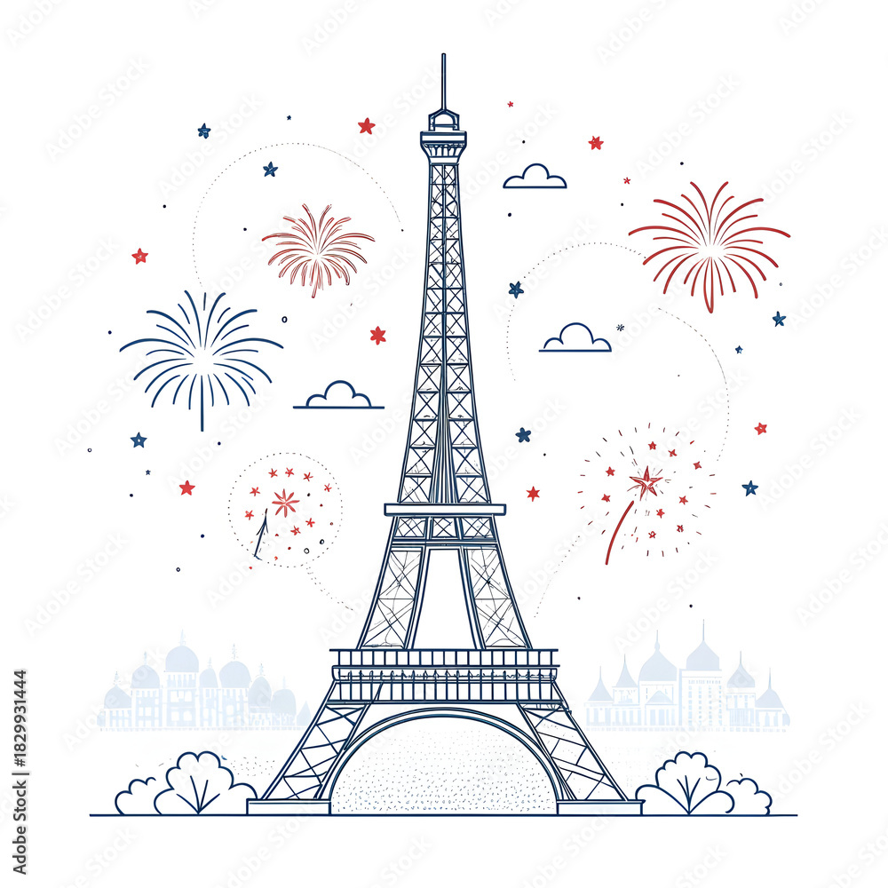 Fototapeta premium A minimal Eiffel Tower design accented with small abstract fireworks creating a festive modern visual highlighting