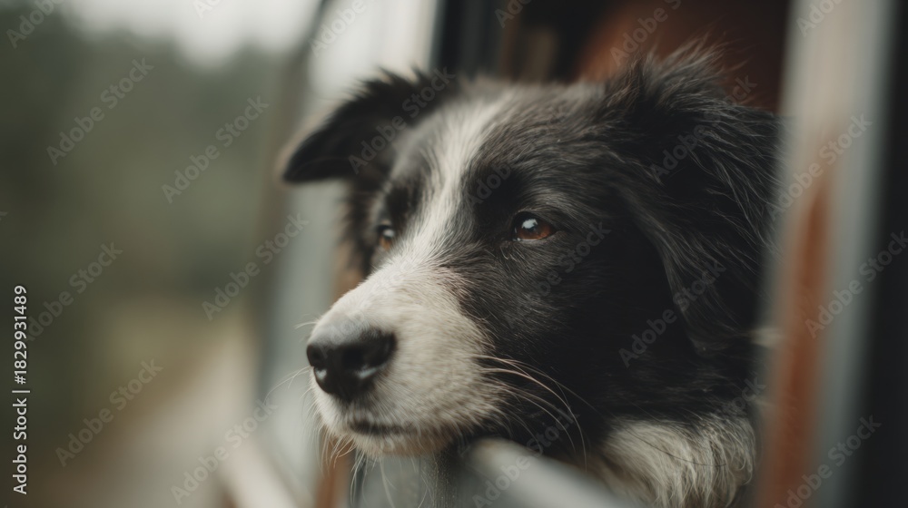 Fototapeta premium Close-up of a dog's face. the dog appears to be a border collie, with black and white fur. its eyes are dark and alert, and its nose is slightly upturned.