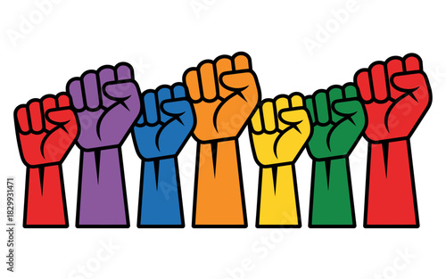 Colorful raised fists of solidarity and protest