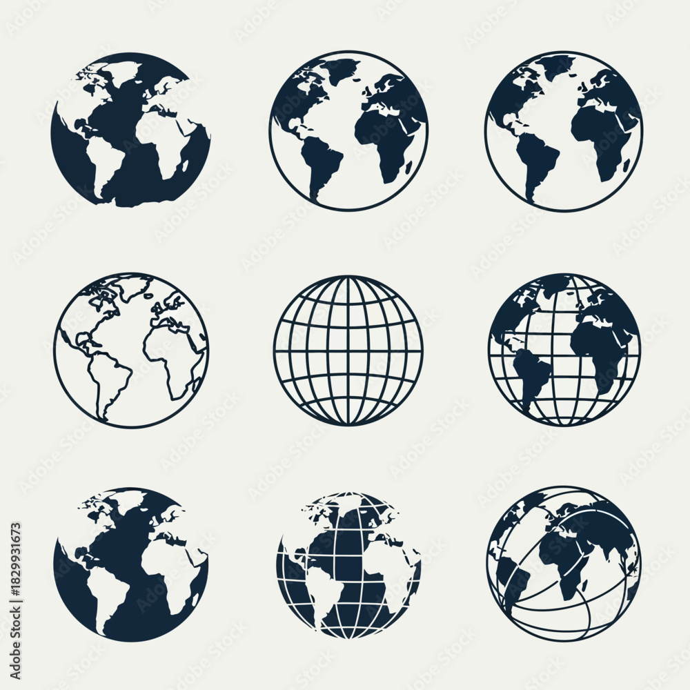 Obraz premium Globe Icon Set Vector – World Map Symbols, Earth Silhouettes, and Global Network Illustration Pack