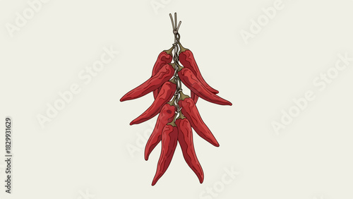 Hanging chili peppers, vibrant red, add spice and color to culinary creations. Hanging chili peppers offer visual appeal and intense flavor for cooking.