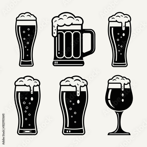 Beer Glass Icon Set Vector – Foam Beer Mug and Drink Silhouettes for Bar, Pub, Alcohol, and Brewery Designs