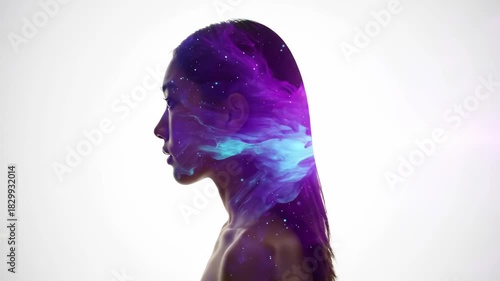 Woman silhouette with vibrant nebula texture against white background