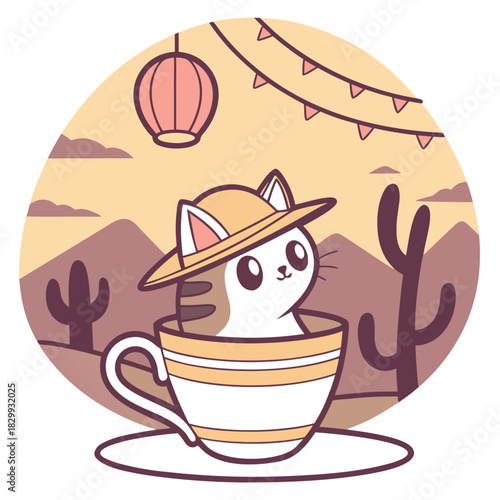 Whimsical American Shorthair feeling Surprised in a Desert sunset setting with in a teacup – colored in Sundown Glow