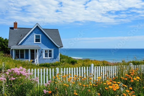 A quaint beach house with a picket fence and wildflowers along the shore 