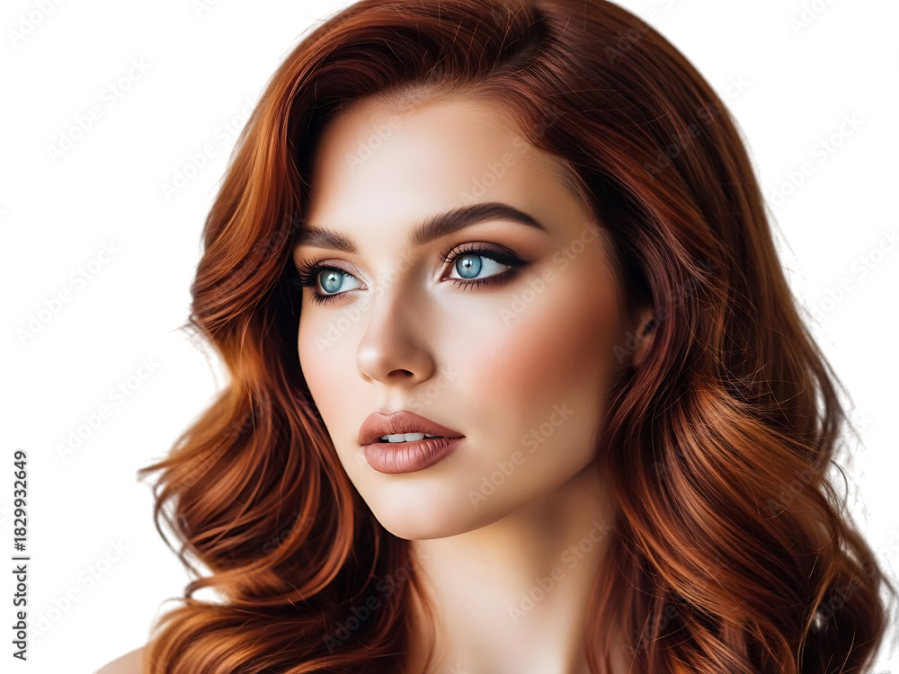 Fototapeta premium Beautiful young woman with vibrant auburn wavy hair and striking blue eyes looking away, isolated on transparent background
