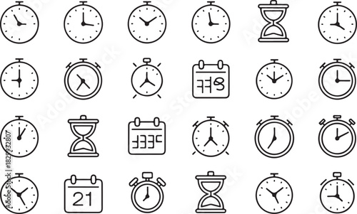 Collection of hand drawn clocks and timekeeping icons