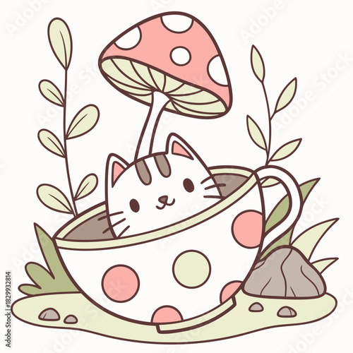 A Funny American Shorthair with in a teacup in a Fairy forest theme – Whimsy Woods palette SVG illustration