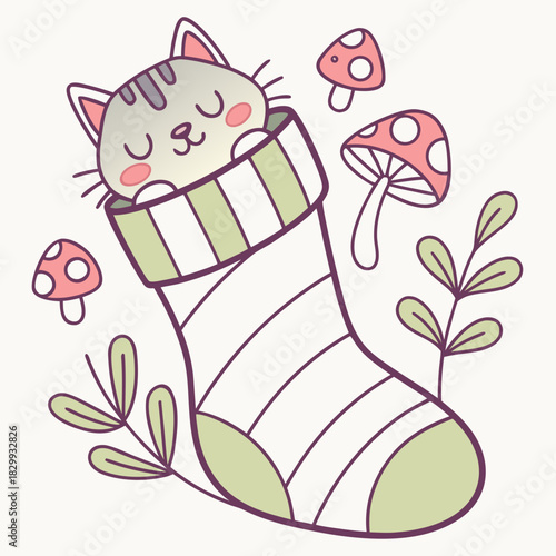 SVG art: A Relaxed American Shorthair in a Fairy forest vibe with snuggled in a sock, tinted with Whimsy Woods tones