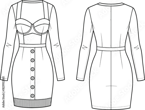 Technical vector fashion illustration of a fitted long-sleeve sweater dress with bustier detailing, decorative buttons, and