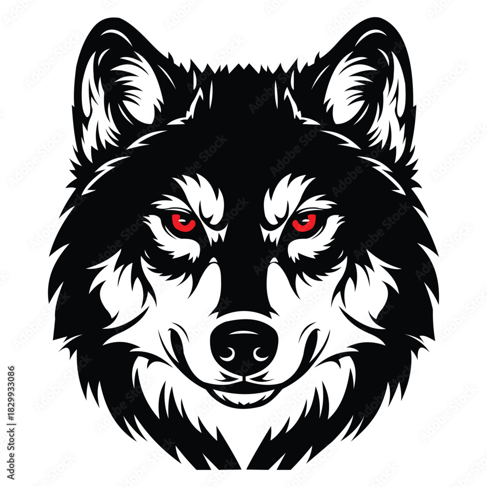 Obraz premium Fierce black and white wolf head illustration with striking red eyes, isolated on for graphic design projects vector illustration