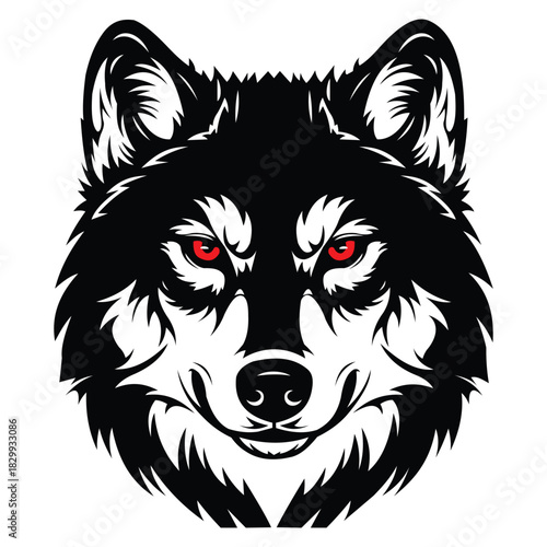 Fierce black and white wolf head illustration with striking red eyes, isolated on for graphic design projects vector illustration