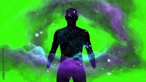 Silhouette against vibrant cosmic background with abstract green and purple