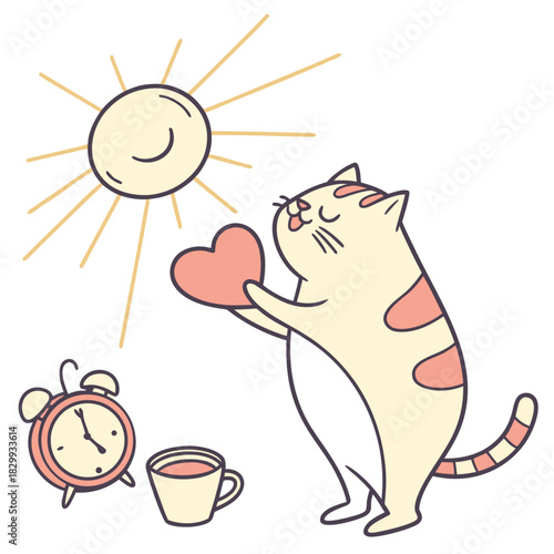 Playful Funny American Shorthair design, styled with holding a heart and Sunny Mornings shades in a Morning sunshine setting