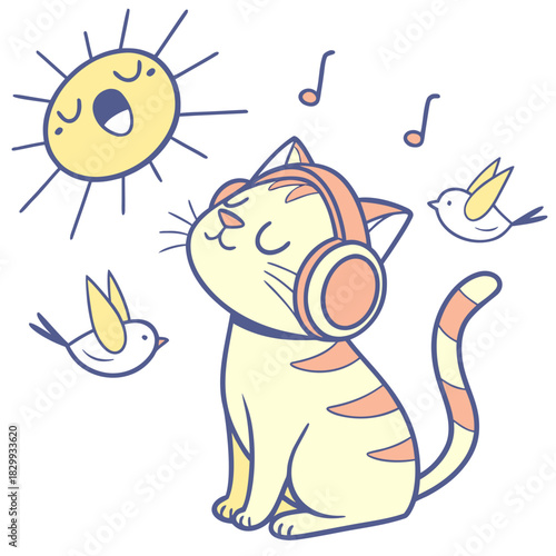 Playful Bashful American Shorthair design, styled with wearing headphones and Sunny Mornings shades in a Morning sunshine setting