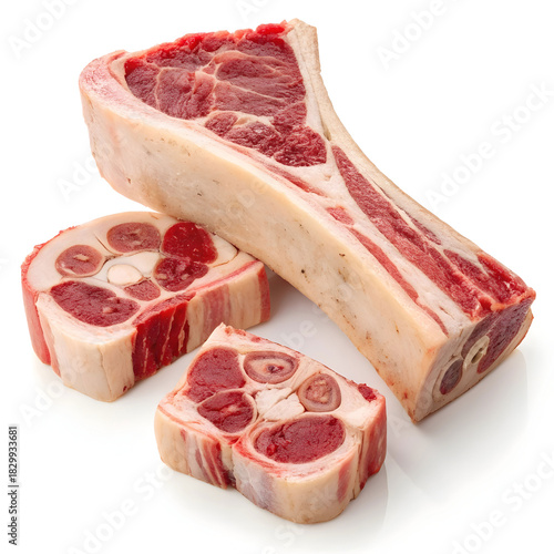 Raw beef bones with marrow cut isolated on a white background presenting fresh meat culinary ingredient for cooking