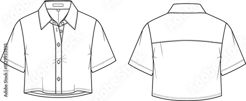 Vector technical flat drawing of a modern cropped button-up shirt with short sleeves and collar, featuring detailed front and back views, useful for apparel pattern making and development.