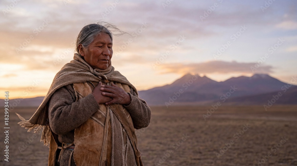 Fototapeta premium An elderly person stands in a vast landscape, eyes closed in contemplation, with mountains and a colorful sky in the background.