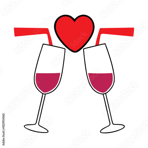 Two champagne glasses clinking with red heart and straws toasting celebration