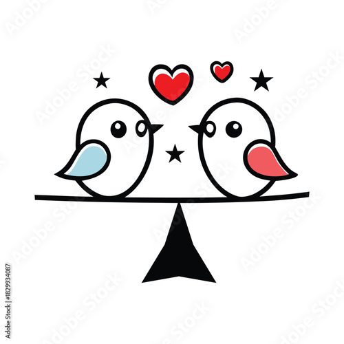 Two Cute Cartoon Birds Sitting On A Seesaw With Hearts And Stars 