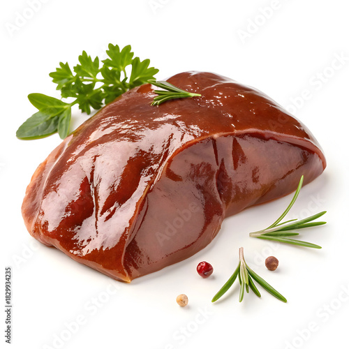 Raw chicken liver single piece isolated on white background presenting fresh poultry ingredient rich in protein for cooking, recipes,